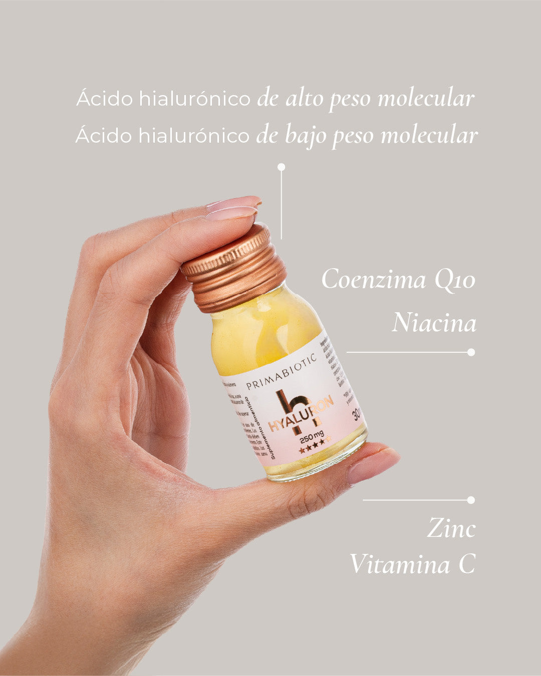 Mano sosteniendo una botellita de Primabiotic Hyaluron 250 mg con ingredientes destacados: ácido hialurónico de alto peso molecular, ácido hialurónico de bajo peso molecular, coenzima Q10, niacina, zinc y vitamina C