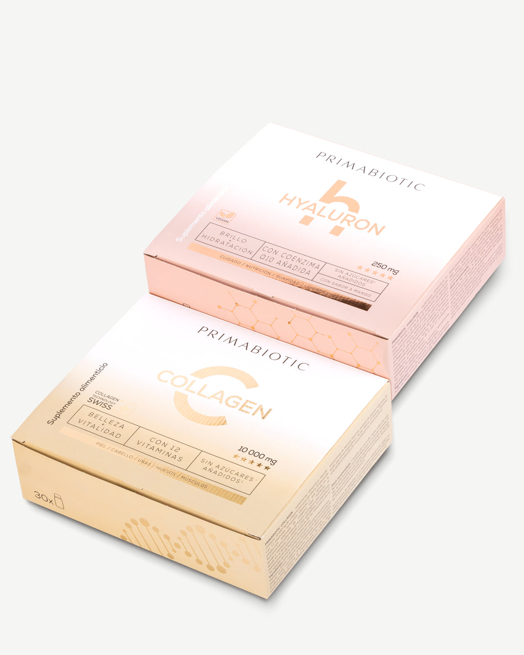 Pack de 30 botellitas de colágeno bebible Primabiotic y 30 botellitas de ácido hialurónico Primabiotic