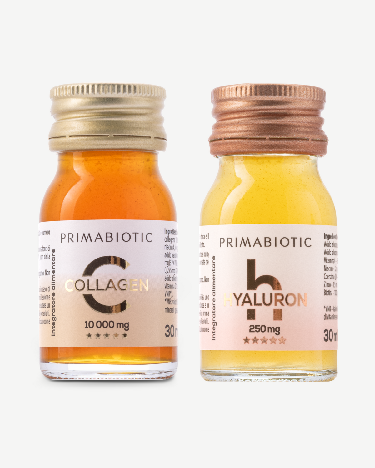 Botellita de colágeno bebible Primabiotic y botellita de ácido hialurónico Primabiotic