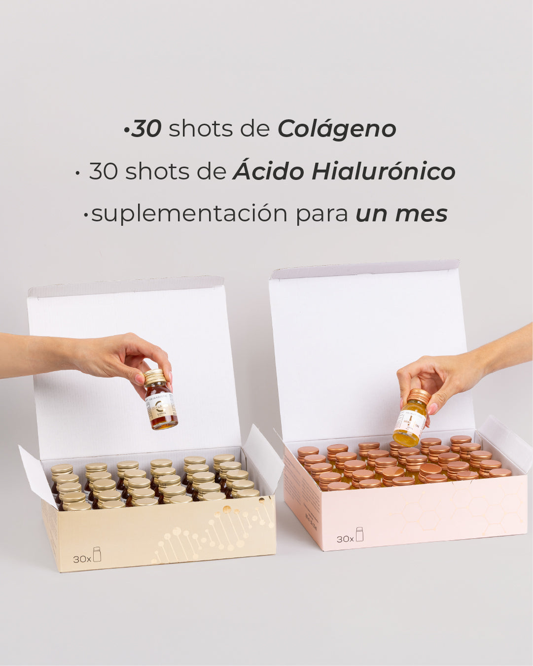 Cajas con shots de colágeno y ácido hialurónico Primabiotic, 30 shots de colágeno, 30 shots de ácido hialurónico, suplementación para un mes