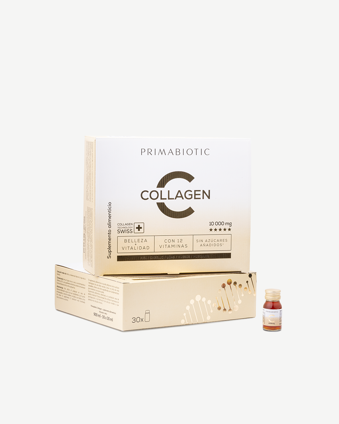 Dos cajas apiladas y una botellita de suplemento de colágeno Primabiotic, presentación del producto